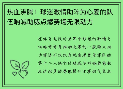 热血沸腾！球迷激情助阵为心爱的队伍呐喊助威点燃赛场无限动力
