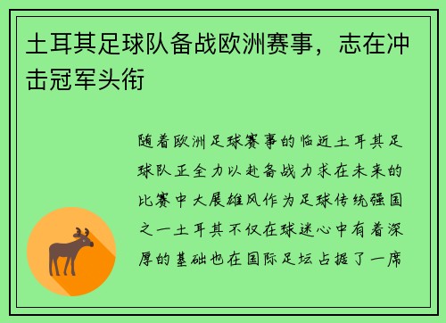 土耳其足球队备战欧洲赛事，志在冲击冠军头衔