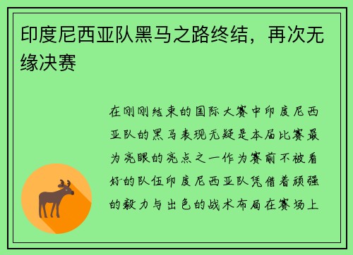 印度尼西亚队黑马之路终结，再次无缘决赛