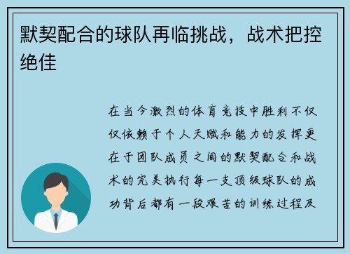 默契配合的球队再临挑战，战术把控绝佳