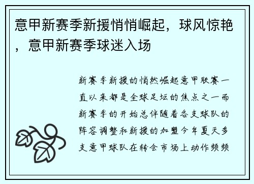 意甲新赛季新援悄悄崛起，球风惊艳，意甲新赛季球迷入场