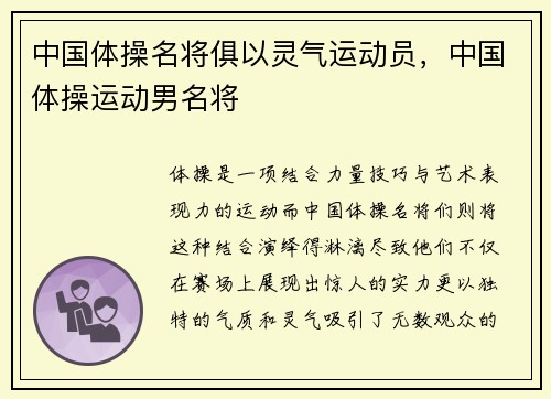 中国体操名将俱以灵气运动员，中国体操运动男名将
