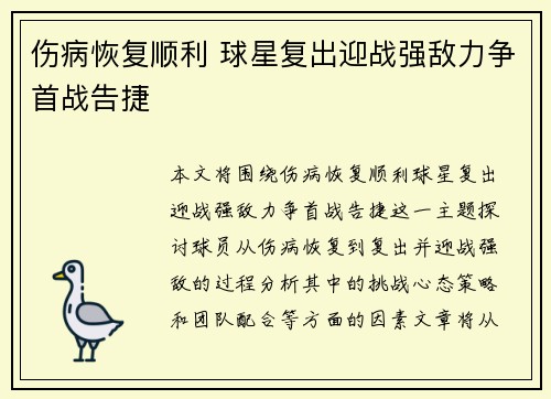 伤病恢复顺利 球星复出迎战强敌力争首战告捷