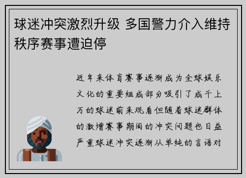 球迷冲突激烈升级 多国警力介入维持秩序赛事遭迫停