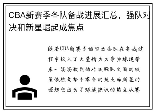 CBA新赛季各队备战进展汇总，强队对决和新星崛起成焦点